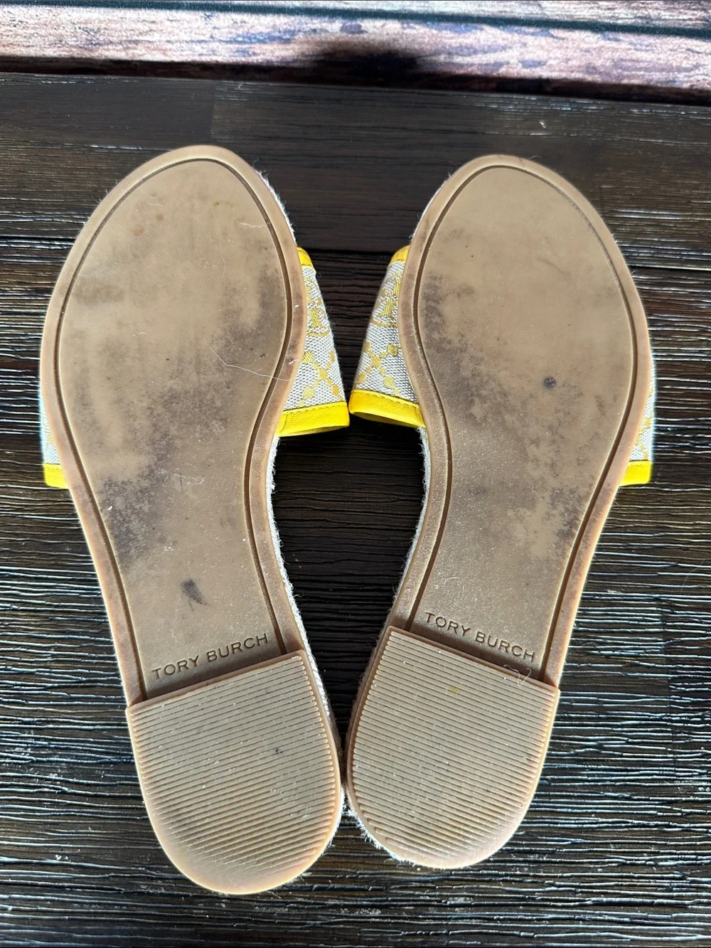 Tory Burch Yellow and Natural T monogram Espadrille Slide Mules
